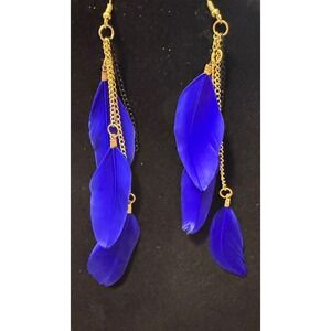 Dangle Feather‎ Earrings Blue Gold Chain Fashion Jewelry